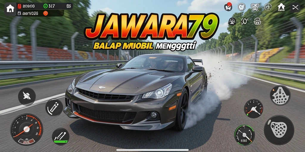 Tampilan gameplay menarik dari JAWARA79 dengan mobil balap yang cepat.