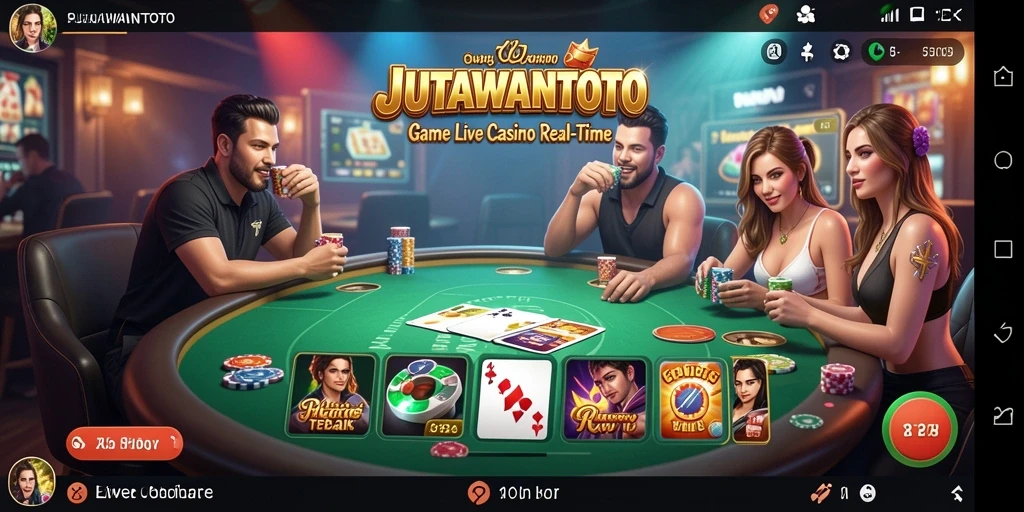Screenshot gameplay JUTAWANTOTO menampilkan dealer profesional dan suasana kasino yang mendebarkan.