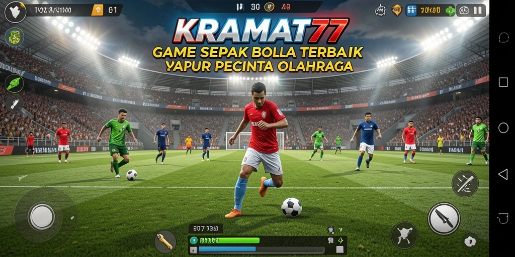 Screenshot gameplay KRAMAT77 menampilkan aksi seru dalam pertandingan sepak bola.