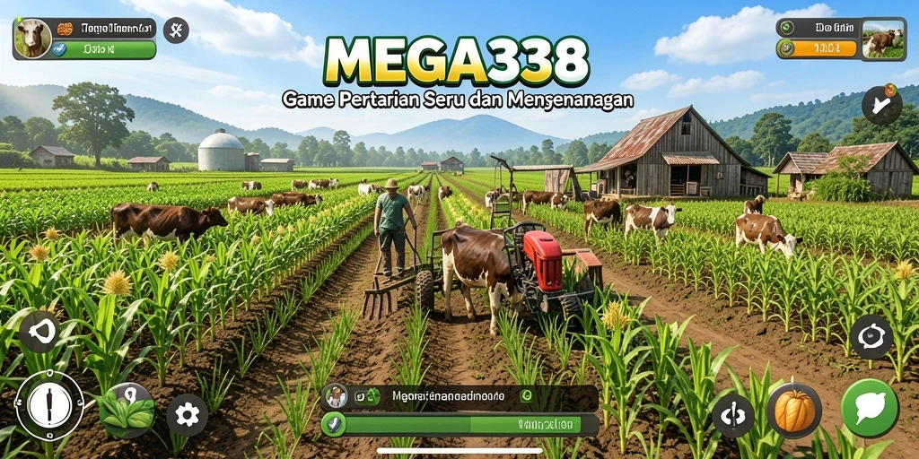 Screenshot gameplay MEGA338 dengan ladang hijau subur dan aktivitas pertanian.