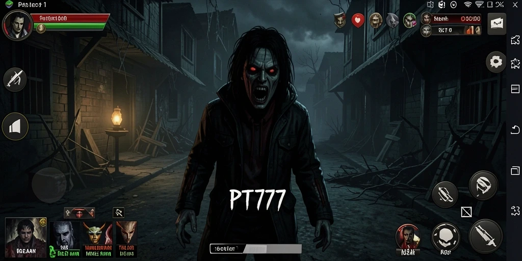 Screenshot gameplay PT777 menampilkan suasana mencekam dan hantu menyeramkan.