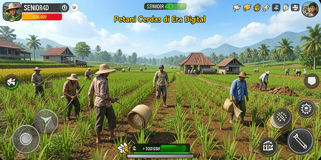 Tampilan gameplay SENIOR4D dengan petani yang sedang bercocok tanam.
