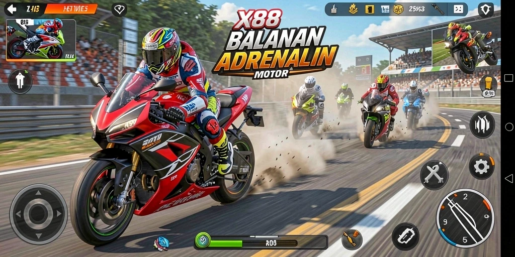 Screenshot gameplay seru dari X88 yang menampilkan balapan motor.